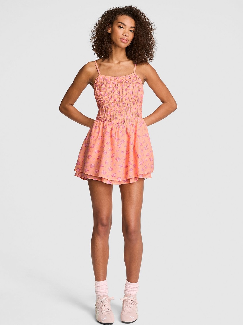 Victoria’s Secret PINK Flirty Fit Smocked Mini Dress in Peach Floral XS